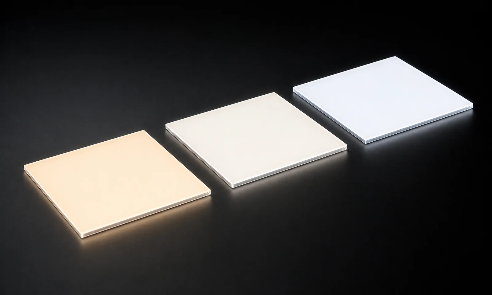 Three frameless LED panels showing warm, neutral, and cool white light